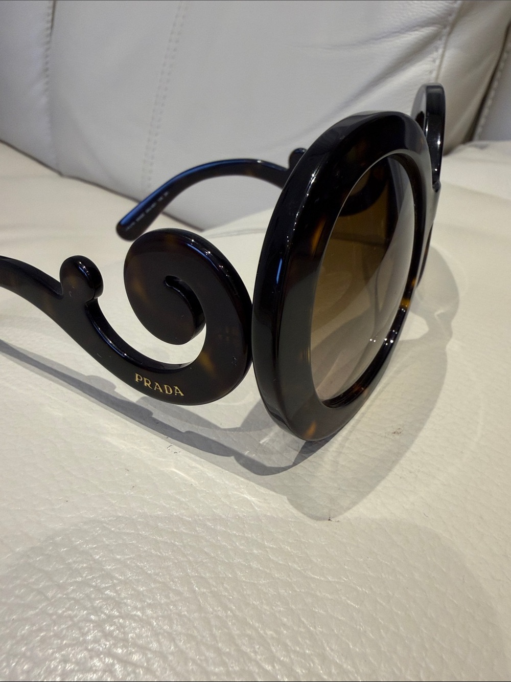 Prada Tortoiseshell Swirl-Arm Round Sunglasses - Brown Lenses